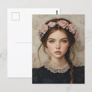 Postal Mujer caprichosa en un retrato de la flor