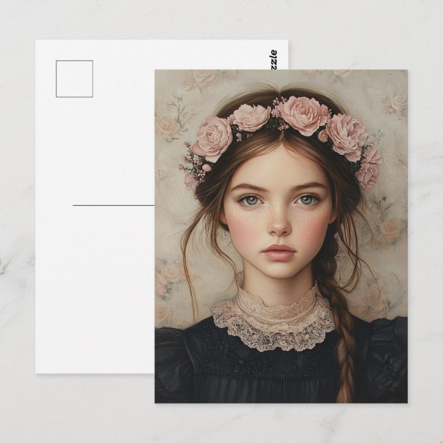 Postal Mujer caprichosa en un retrato de la flor (Anverso / Reverso)