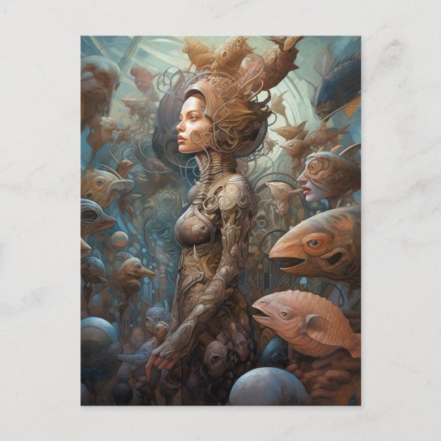 Postal Mujer Ciborg Rodeada De Criaturas (Anverso)