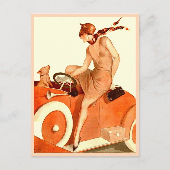 Postal Mujer, coche y perro de los años 20
