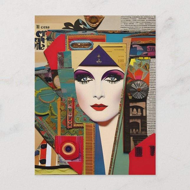 Postal Mujer Collage Abstracto de Medios Mixtos Coloridos (Anverso)