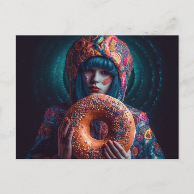 Postal Mujer colorida con un donut (Anverso)