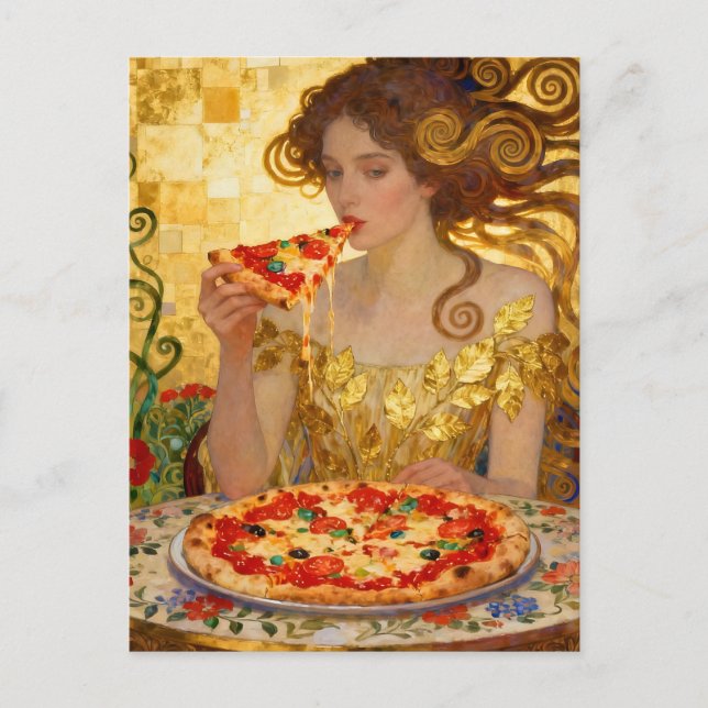 Postal Mujer Comiendo Pizza Arte Faux Klimt (Anverso)