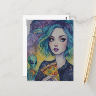 Postal Mujer Comiendo Pizza Con Un Extranjero