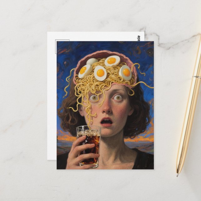 Postal Mujer comiendo ramen cerebral (Anverso/Reverso In Situ)