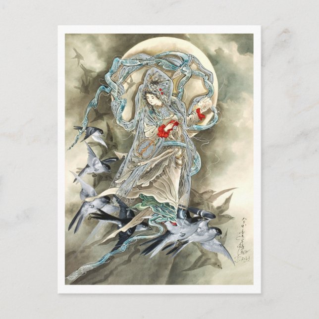 Postal Mujer con aves (1890) Toshio Aoki (Anverso)