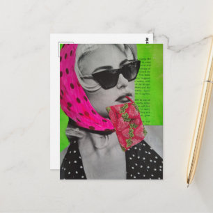 Postal Mujer con Bolso de Fresa Collage de Medios Mixtos