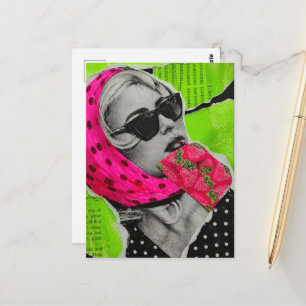 Postal Mujer Con Bolso De Fresa Collage Surrealista