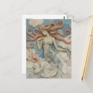 Postal Mujer con cabello de pulpo en el collage de nubes