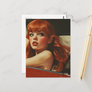 Postal Mujer con cabello rojo en coche rojo