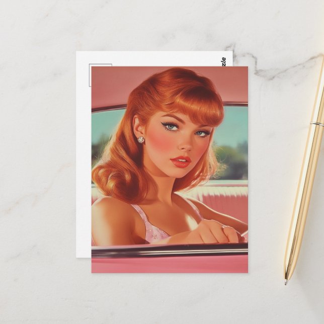 Postal Mujer con cabello rojo en coche rosa (Anverso/Reverso In Situ)