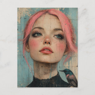 Postal Mujer con cabello rosa y un pájaro en su hombro