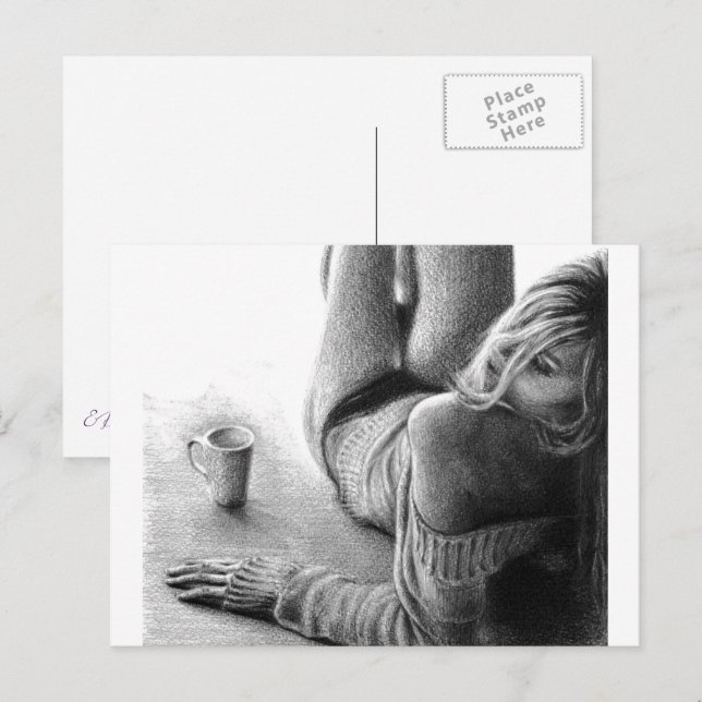 Postal Mujer con café matutino Dibujo a lápiz (Anverso / Reverso)