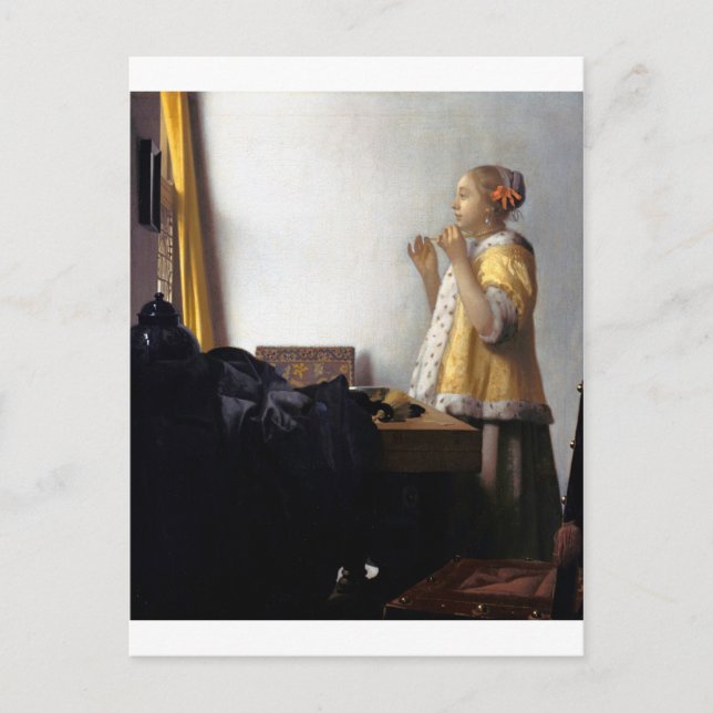 Postal Mujer con collar de perla, Johannes Vermeer (Anverso)