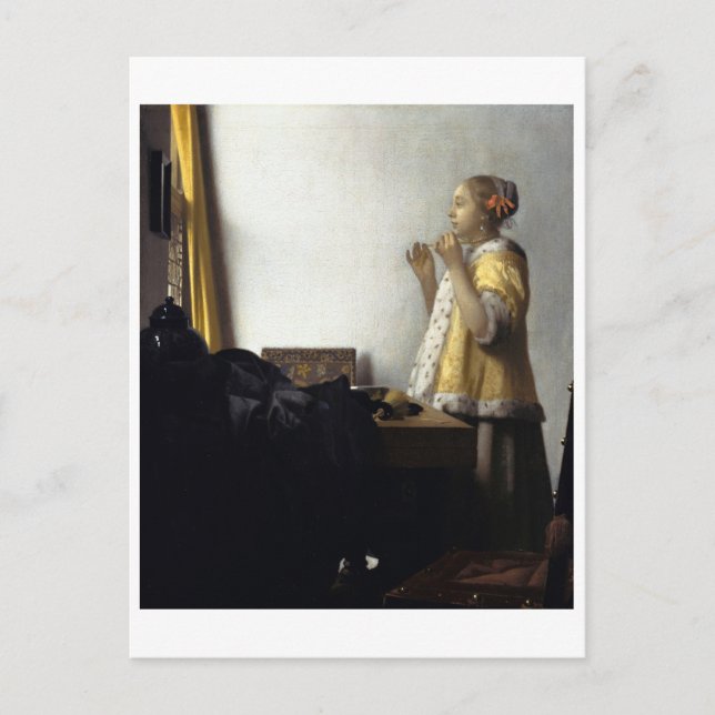 Postal Mujer con collar de Perla por Johannes Vermeer (Anverso)