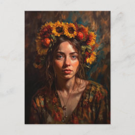 Postal Mujer con corona de cosecha de otoño de girasoles