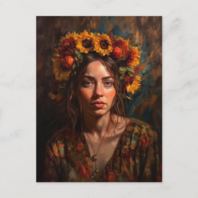 Postal Mujer con corona de cosecha de otoño de girasoles (Anverso)