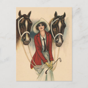 Postal Mujer con dos caballos