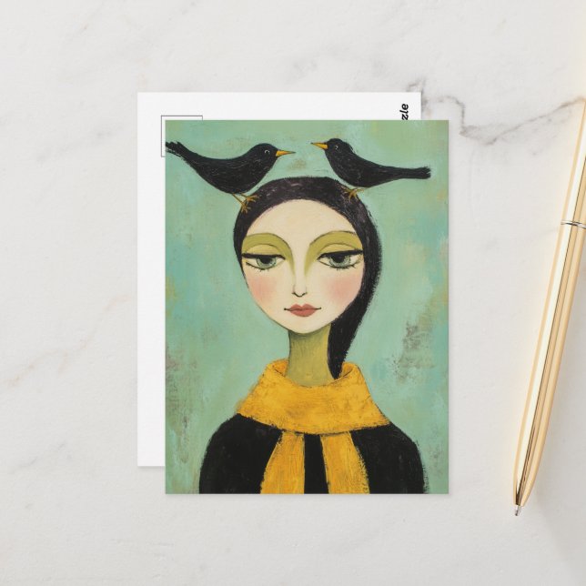 Postal Mujer con dos pájaros negros (Anverso/Reverso In Situ)