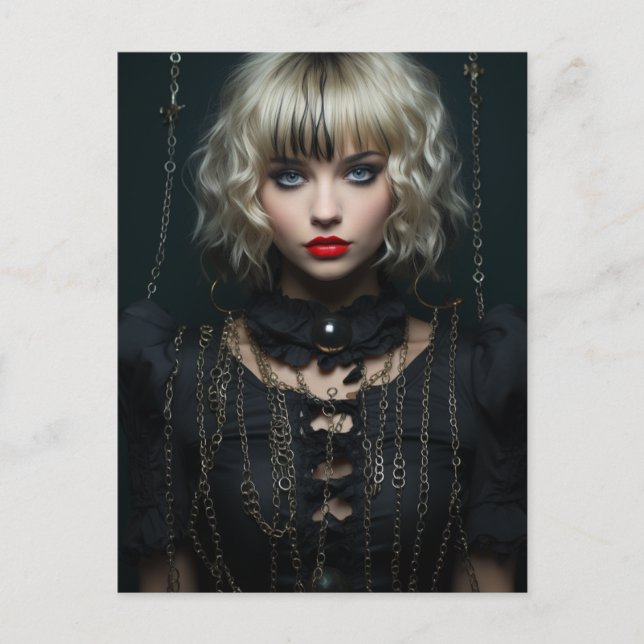 Postal Mujer con el pelo rubio vestido negro y chaquetas (Anverso)