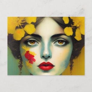 Postal Mujer Con Flores Amarillas