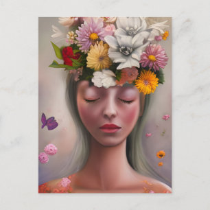 Postal Mujer con flores en la cabeza