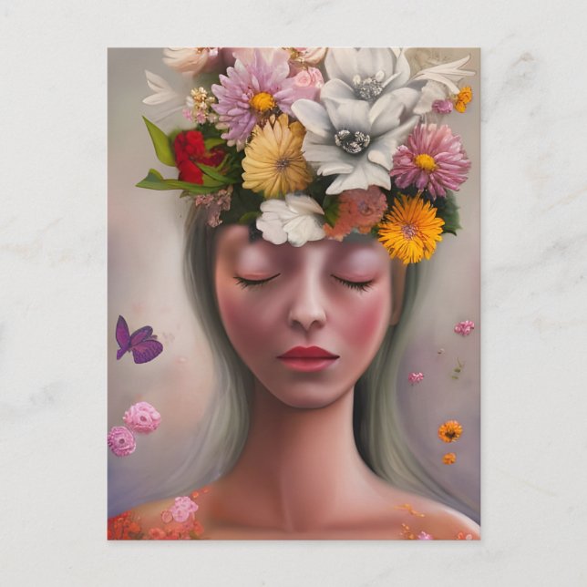 Postal Mujer con flores en la cabeza (Anverso)