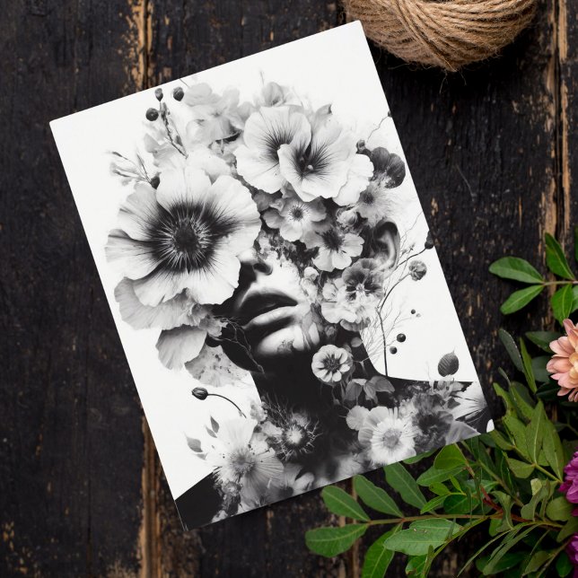 Postal Mujer con flores en su mente obra de arte de IA Fa (Share mystery and beauty with this surreal floral-adorned woman's portrait postcard.)