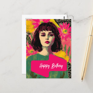 Postal Mujer con flores feliz cumpleaños