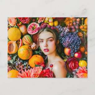 Postal Mujer con frutas cítricas y guirnalda de flores