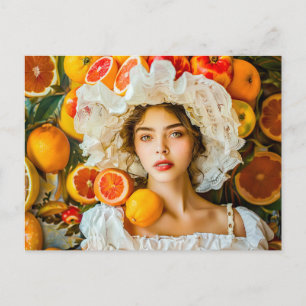 Postal Mujer con frutas cítricas y guirnalda de flores