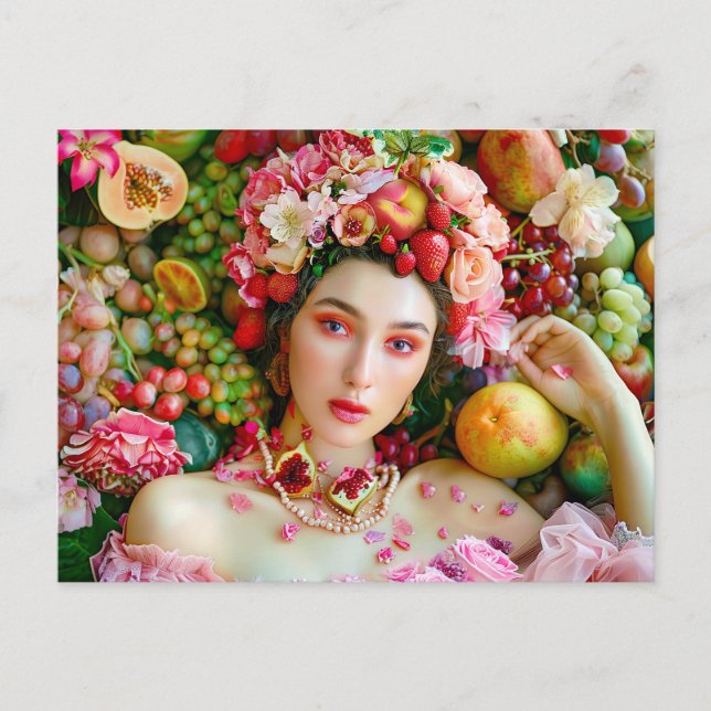 Postal Mujer con frutas tropicales y acentos florales (Anverso)