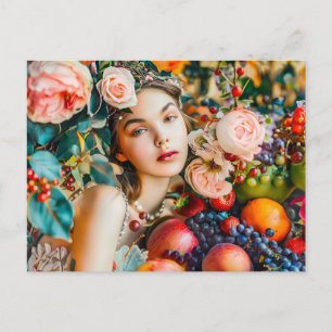 Postal Mujer con frutas y decoración floral de rosas