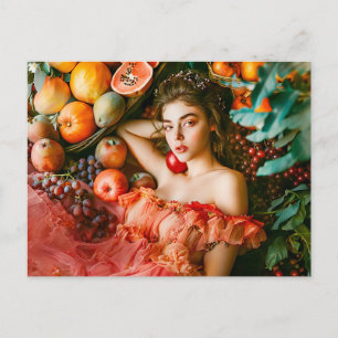Postal Mujer con frutas y flores estilo retrato
