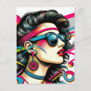Postal Mujer con gafas de sol arte pop colorido