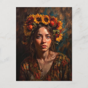 Postal Mujer con girasoles cosecha otoño