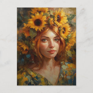 Postal Mujer con girasoles en el pelo