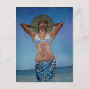 Postal Mujer Con Gorra Y Sarong Disfrutando Del Verano