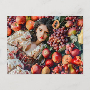 Postal Mujer con manzanas y uvas