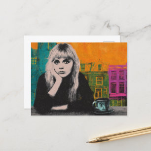 Postal Mujer Con Medios Mezclados De Café Colorido