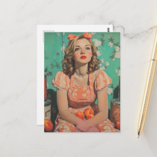 Postal Mujer con melocotones fantasía retro