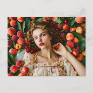 Postal Mujer con melocotones y cerezas