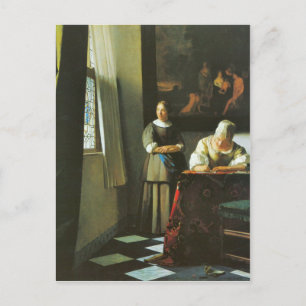 Postal Mujer con mensajero de Johannes Vermeer