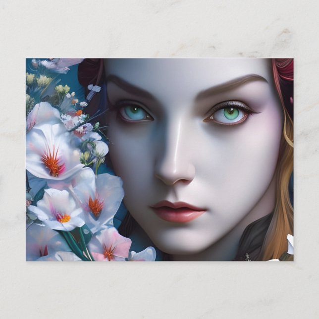 Postal Mujer con ojos y flores azules y verdes (Anverso)