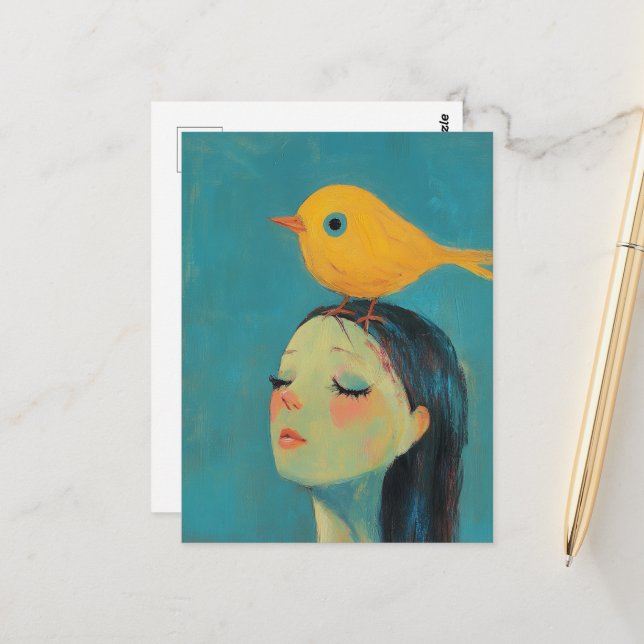 Postal Mujer con pájaro amarillo en la cabeza (Anverso/Reverso In Situ)