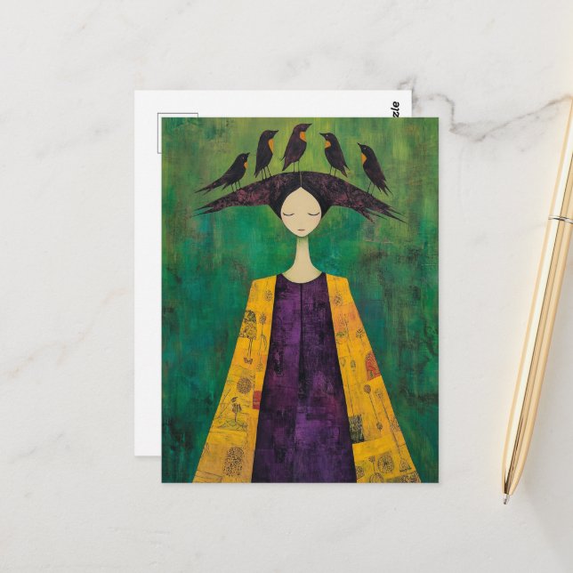 Postal Mujer con pájaros en la cabeza  (Anverso/Reverso In Situ)