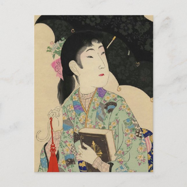 Postal Mujer con paraguas y libro de estilo occidental (Anverso)