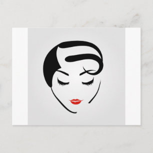 Postal mujer con peinado vintage y maquillaje
