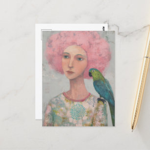 Postal Mujer con pelo rosado y pájaro