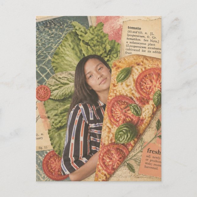 Postal Mujer con Pizza un Collage de Comida (Anverso)